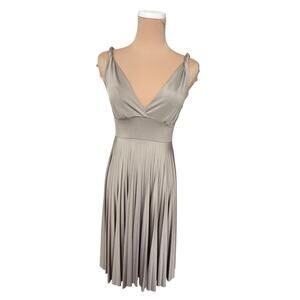 Mai Tai Evening Pleated V-Neck Dress Beige Gold Shimmer Womens Small